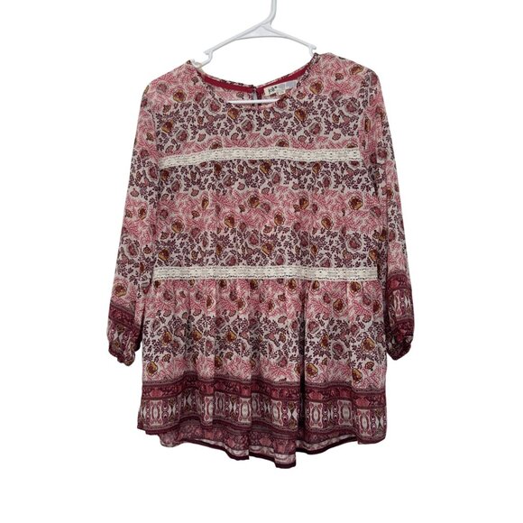 Jolt  Pink&Burgundy Bohemian Floral Long Sleeve Top Blouse SZ M Tiered Design - Picture 1 of 9